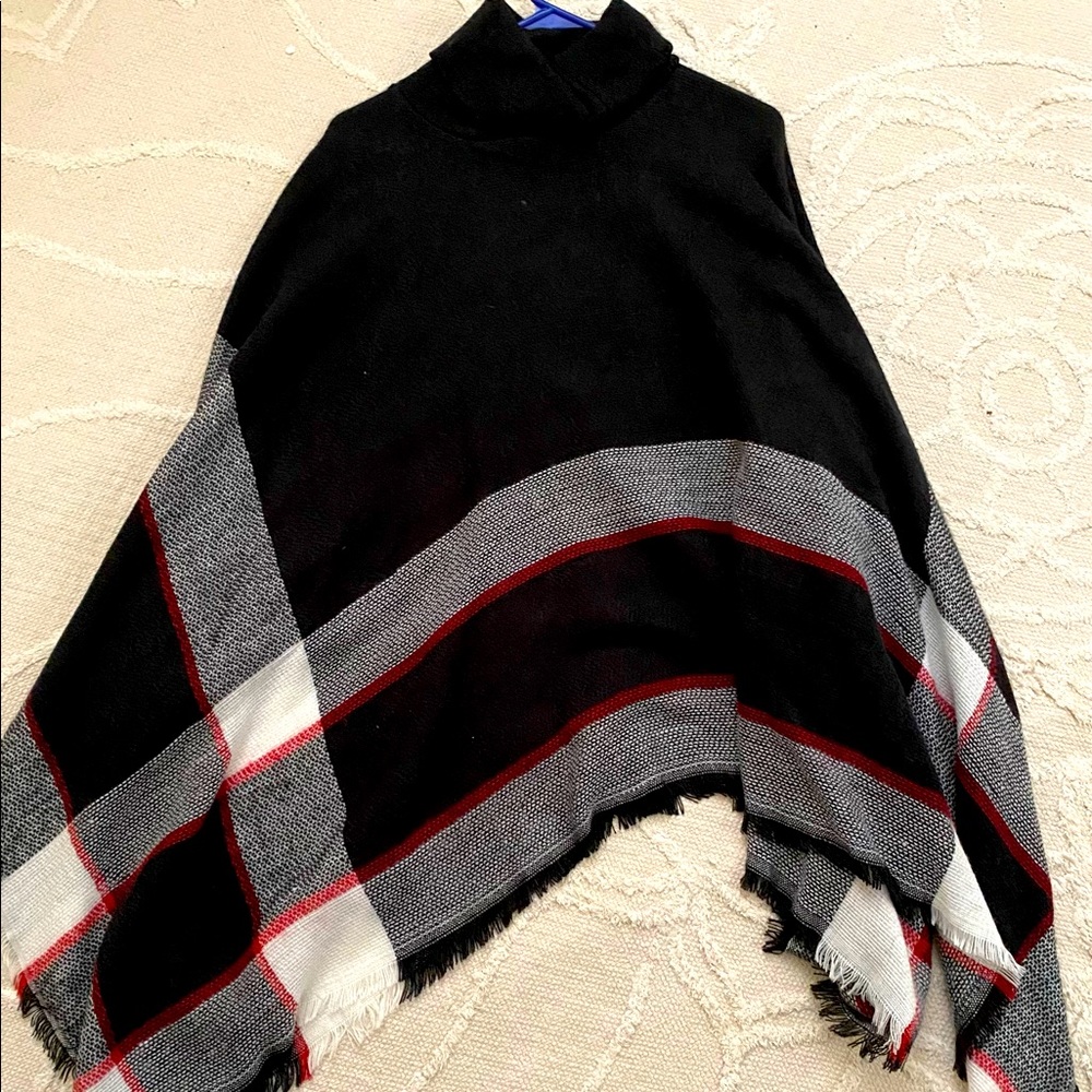 One size, black/red/white super soft turtleneck poncho. Never worn.